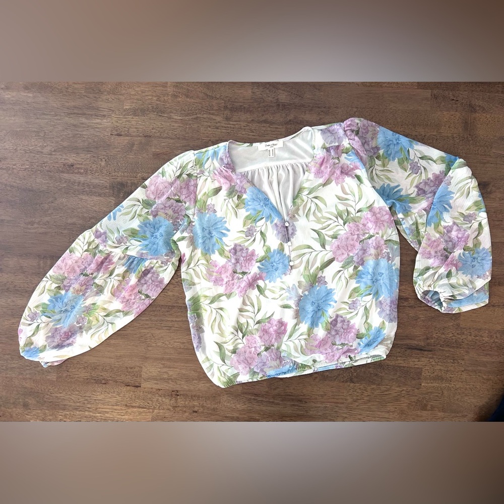 Floral V-Neck Peasant Blouse in White with Blue & Lavender  Flowers